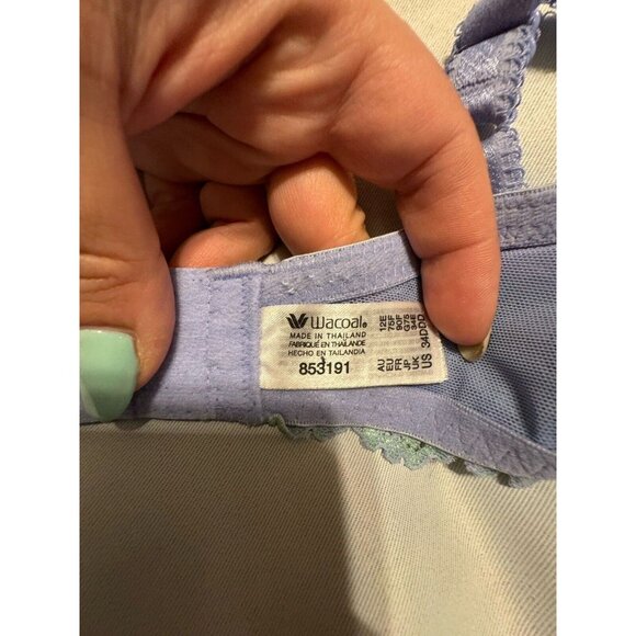 Wacoal Bra 36DDD Embrace Lace Lilac Blue W Green Lace 853191 Tshirt Bra - Picture 4 of 4